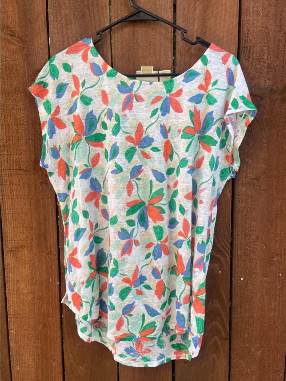 Cynthia Rowley 100% Linen Tropical Print Coastal Short Sleeve Vacation Top Sz L